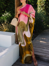 Elegant Satin Tie Dye Print One Shoulder Drape Vacation Maxi Dress